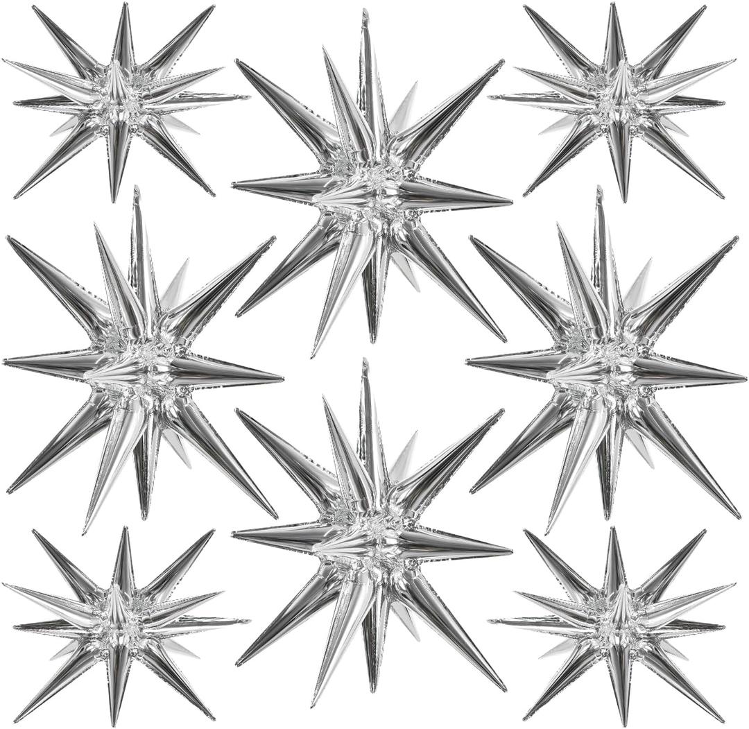TONIFUL 8 Pcs Silver Foil Star Balloons Large Mylar Explosion Balloons for Party Backdrop Christmas New Year Birthday Wedding Baby Shower Anniversary Photo Booth Supplies (Conjoined Sliver)