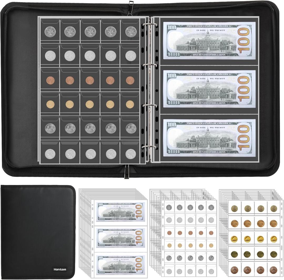 Coin Collection Album Holder for Collectors, 400 Pockets Fireproof Coin Collection Book & 36 Paper Money Organizer Binder for Coin Currency Collection Supplies,Pennies,Bill,Tokens,Badges