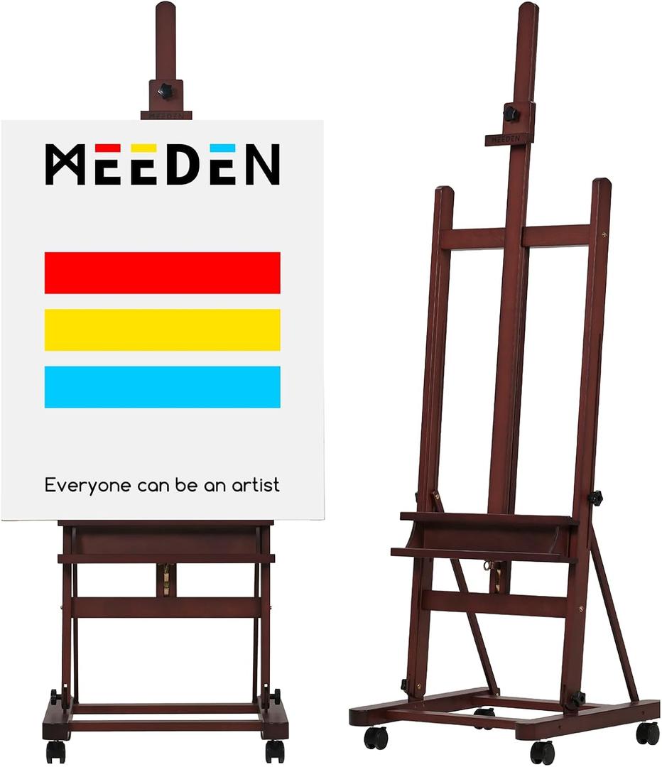 MEEDEN Easel Stand for Painting and Display, Adjustable H Frame Floor Art Easel for Drawing, Heavy Duty Beech Wood Hold Canvas up to 146", 4 Wheels & Storage Tray - Professional for Sign, Studio Walnut Color