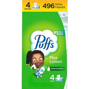 Puffs Plus Lotion Facial Tissues, 4 Family Boxes, 124 Tissues per Box