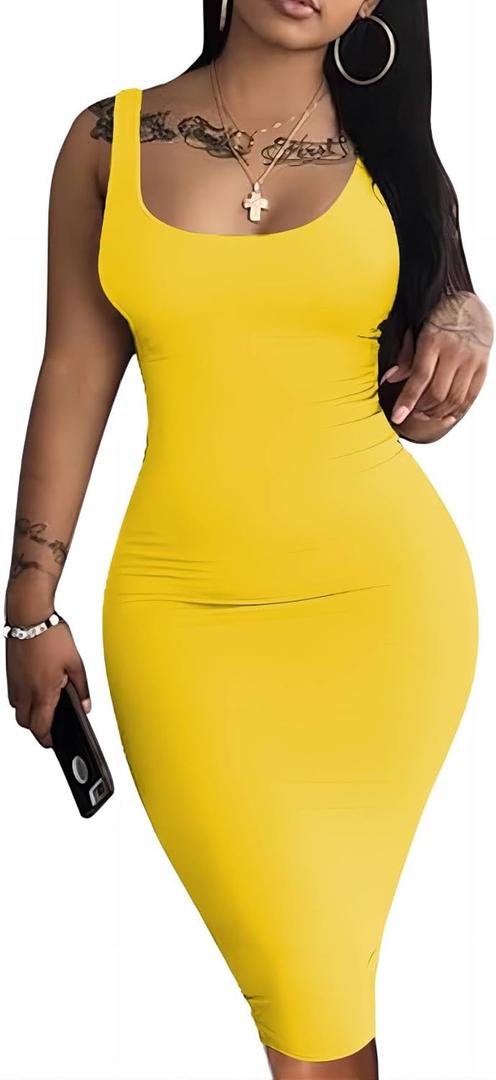 Nimsruc Women Casual Sexy Tank Top Bodycon Dress Summer Pencil Sleeveless Basic Midi Club Dresses (8002-yellow, XL)