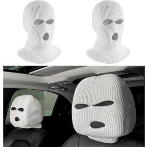 2PCS Car Headrest Cover, Personalized Funny Auto Seat Headrest Full Face Mask, Ski Mask Front Headrest Protector Decoration for Most Vehicles, Universal Car Accessories (White)