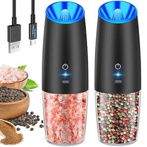 RECHARGEABLE - Gravity Electric Pepper and Salt Grinder Set, Adjustable Coarseness, With LED Light, One Hand Automatic Operation, Stainless Steel Black, (2 Pack Black)
