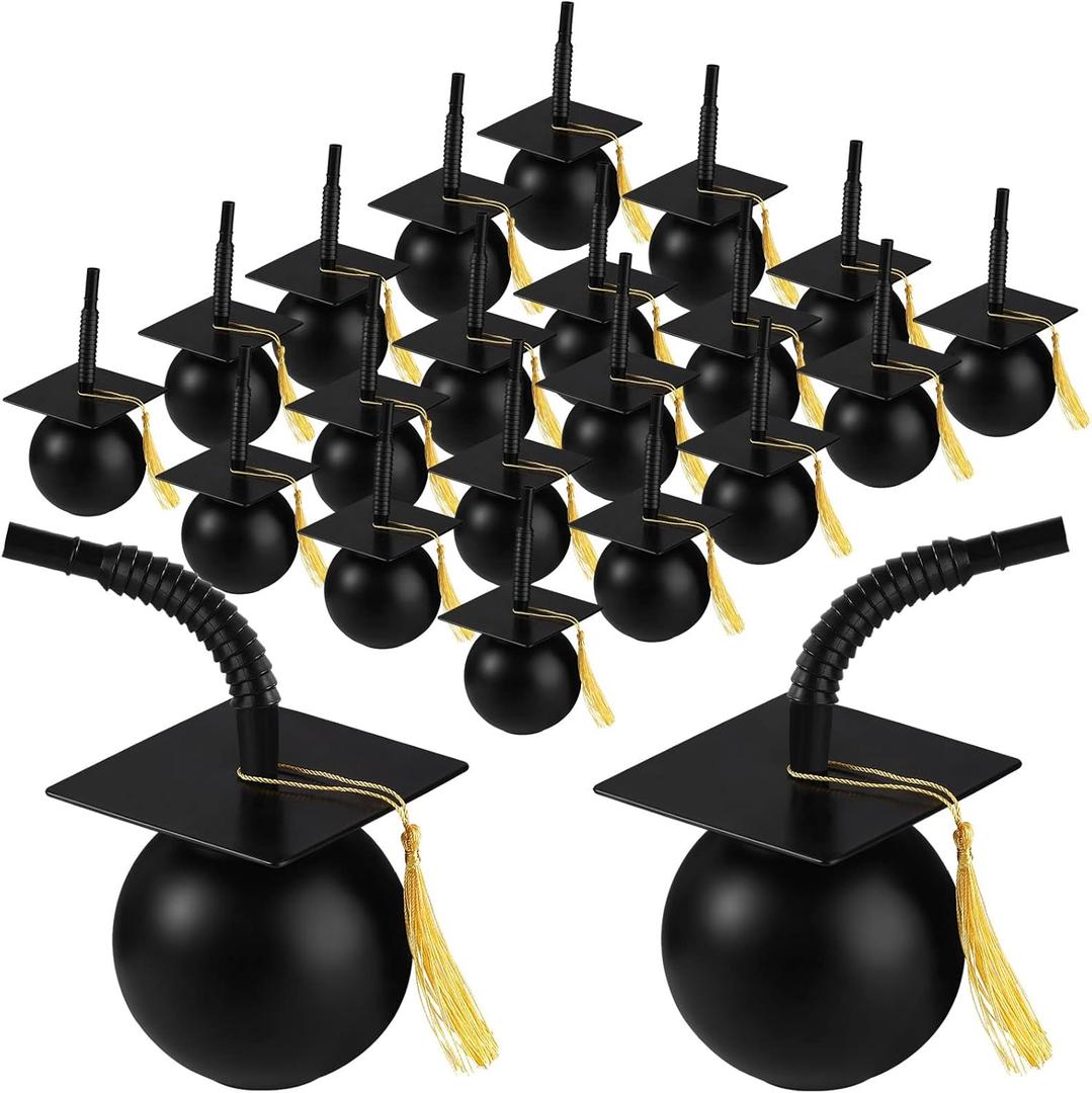 Gerrii 24 Set Graduation Cap Cups with Tassels Straws and Lids, 10 oz Reusable Hard Plastic Cups Graduation Gifts Bulk for Class of 2025 Grad Party Favor Supplies(Black)