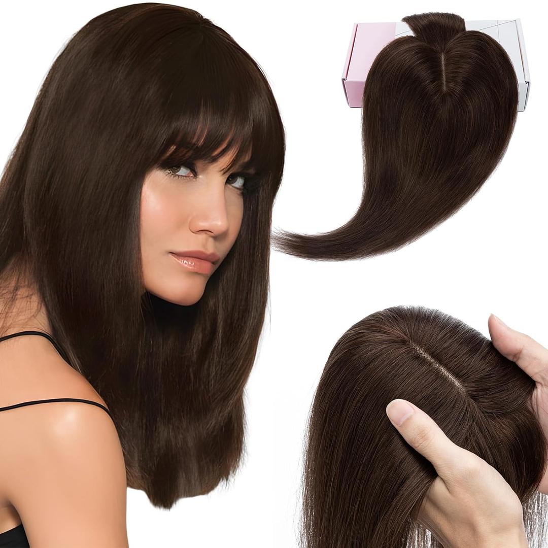 Elailite Hair Toppers for Women Real Human Hair Topper with Bangs Thinning Thin 5.1"x2.8" Silk Base Clip in Remy Hairpieces 18 Inch Dark Brown