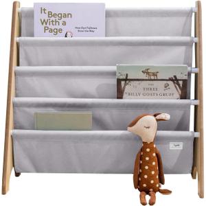 3 Sprouts Recycled Fabric Kids Bookshelf  4-Tier Sling Book Rack Organizer - Nursery Room Playroom Classroom Wooden Book Shelves - Kid Bookcase Wood Storage Shelf for Toddler Age 3+ - Gray (Solid Light Gray)