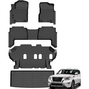 Jenofa-Floor Mats for Nissan Armada Infiniti QX80 2019-2024 8-Seater Cargo Mat Car Mats for Armada All Weather Floor Liners Custom Fit QX80 Bench Accessories Black Waterproof Protection Full Set