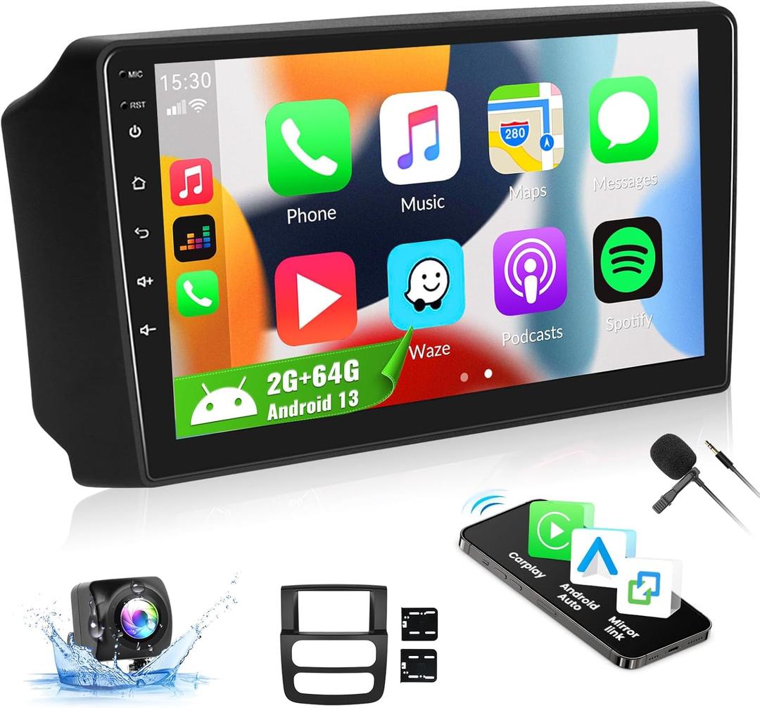 SIXWIN Android Car Stereo for Dodge RAM 1500/2500/3500 2002-2005 with Wireless CarPlay Android Auto Mirror Link 2G+64G 9 Inch Touchscreen Bluetooth GPS Navigation WiFi FM Backup Camera MIC