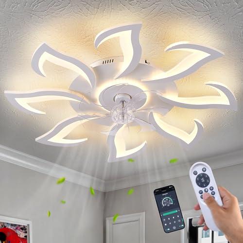 Modern Ceiling Fan with Light and Remote, Low Profile Ceiling Fans with Lights, 36 Inch White Flush Mount Ceiling Fan with 3 Light Color 6 Speeds, Fandelier Ceiling Fan for Living Room (Malnutcolor)