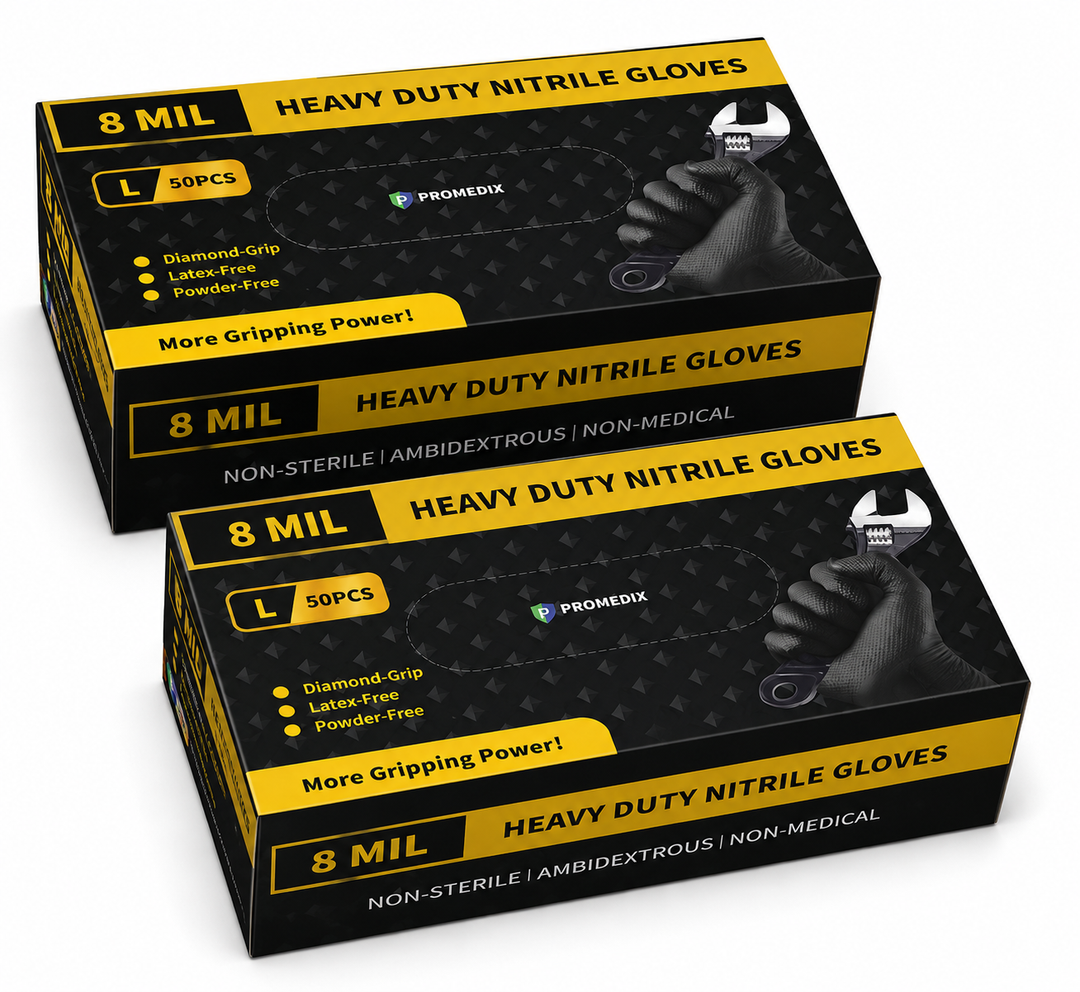 PROMEDIX P Heavy Duty Nitrile Gloves with Diamond Texture 8 Mil Latex Free Powder Free Industrial Disposable Glove, Large, 2 Packs