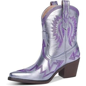 Western Boots for Women Metallic Embroidered Pointed Toe Cowgirl Boots Chunky Heel Pull-On Short Cowboy Boots Wide Calf Country Ankle Boots 10