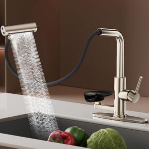 SINGSUO Pull Down Kitchen Faucet with Glass Rinser (Brushed Nickel) | 4 Spray Modes Kitchen Faucets with Pull Out Sprayer & Cup Washer, High Pressure Single Handle Bar Sink Faucet 1 or 3 Hole