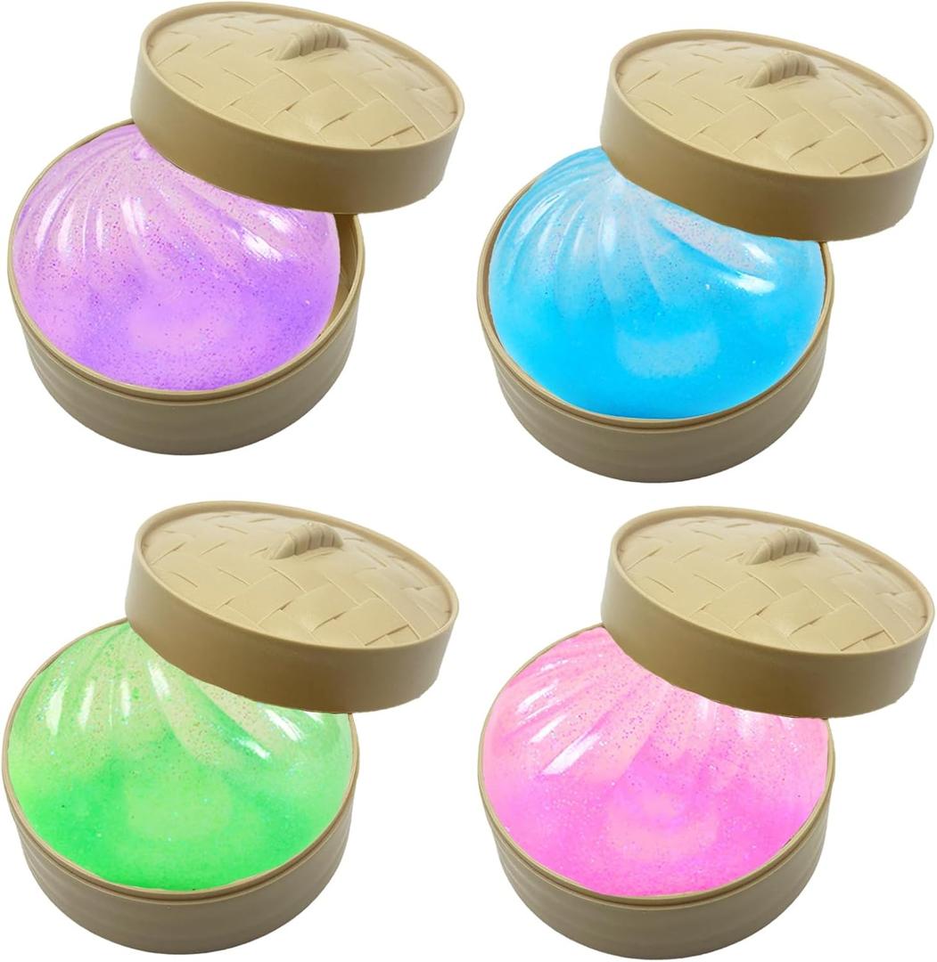 4 Pack Glitter Dumpling Squishy Box Colorful Sensory Soft Squeeze Dough for Adults & Kids, Fun Squeeze Ball for Stress Relief, Holiday and Birthday Gifts, Perfect Party Toy Gift, Easter Basket Gift