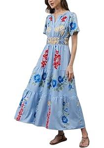ACCPUR Women's Summer Boho Maxi Dresses Floral V Neck Tiered Short Sleeve Long Dress Flowy Beach Vacation Dress with Pockets Light Blue S