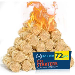 Fire Starter 72Pcs - Extra Long 12min Natural Fire Starters for Grill, Fireplace, Camping & Survival Kit | Waterproof, Odorless, Safe for BBQ/Pizza Oven/Chimney (Indoor & Outdoor)