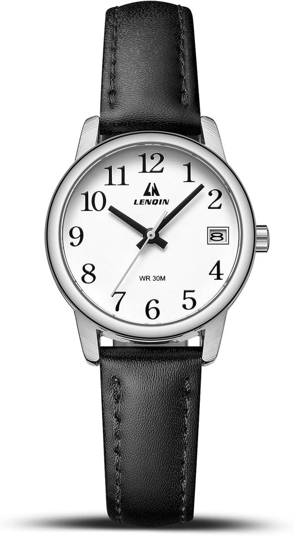 LN LENQIN Ladies Watches Analog Quartz Watch for Women Waterproof Women's Wrist Watches Easy Reader Womens Watch with Leather Strap (Black Silver White)