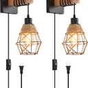 Rustic Wall Sconces Fixtures with Plug in Cord, Set of Two Indoor Vintage Rattan Wall Light Industrial Lamp Fixture Farmhouse Metal Sconces Light for Bedroom Bedside Living Room (2 Pack)