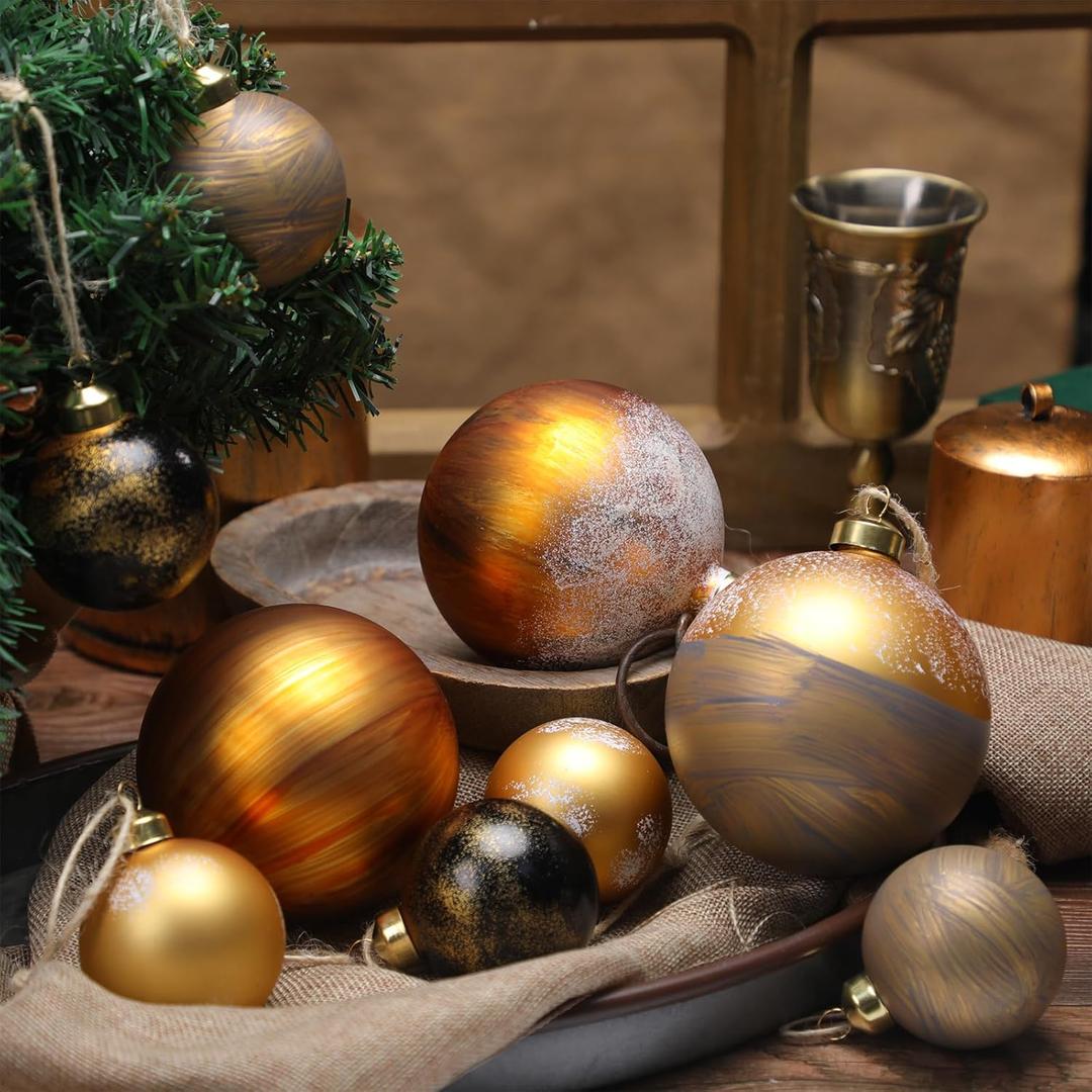 12 Pcs Gold Glass Christmas Ornament 4 Inch 2.36 Inch Matte Vintage Neutral Metallic Brown Christmas Copper Ornament Xmas Tree Ball Decoration Textured Glass Ball with Loop for Xmas Decor Party Supply