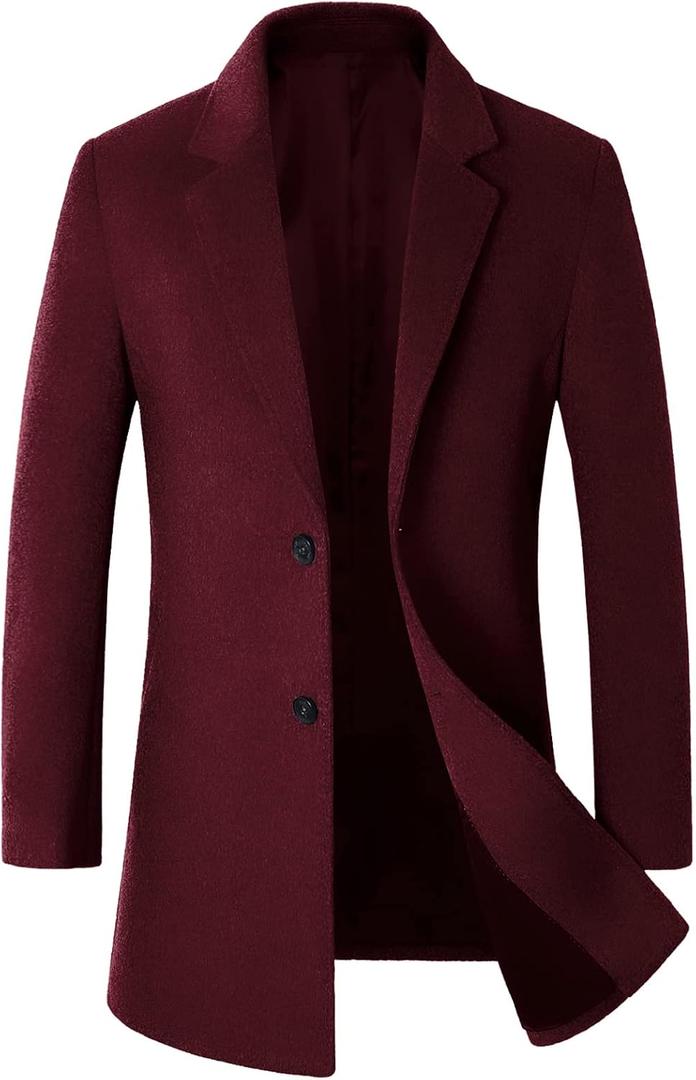 chouyatou Men's Mid-Length Single Breasted Wool Blend Top Coat (Medium, Notch-Burgundy)