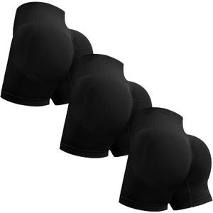 OVESPORT 3 Piece Workout Shorts for Women Seamless Scrunch Butt Lifting High Waisted Yoga Gym Booty Running Short Pants (Large, Black/Black/Black)