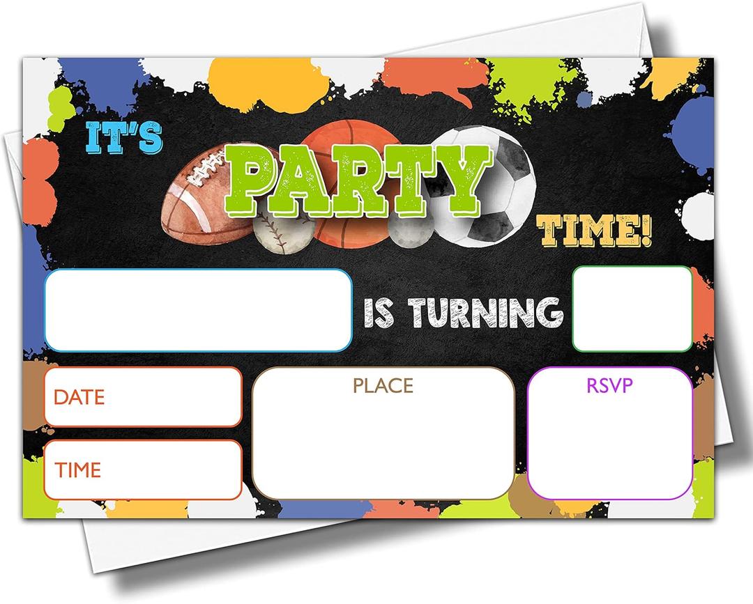 YSTEP Sports Birthday Party Invitations, 20 Invite Cards with Envelopes, 4"x6" All Star Sports Birthday Party Invites - A06
