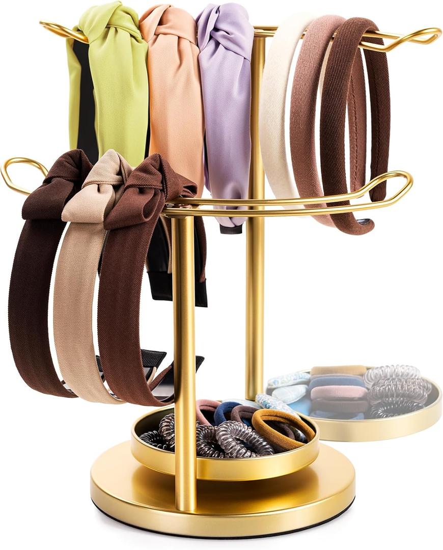 Headband Holder Organizer for Girls, Stainless Steel 2 Tier Design with 360 Rotating Headband Storage Stand, Gold Metal Head Band Holder for Women Entryway Bedroom Dresser Home Decor (Gold)