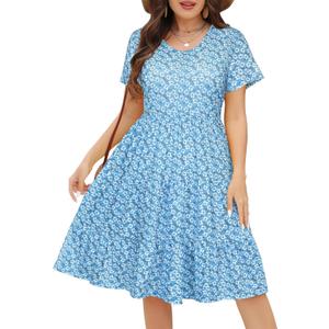 Younrui Women's Plus Size Casual Summer Tiered Dresses Short Sleeve Scoop Neck Ruffle Hem Loose Fitting Midi Babydoll Dress (Blue)