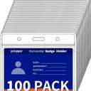 100 Pack Horizontal ID Badge Holder, Clear Plastic Lanyard Key Card Holders, Work Name Tag Sleeve Badges Protector Cover with Waterproof Resealable Zipper for Nurses, Fits Credit Size Cards