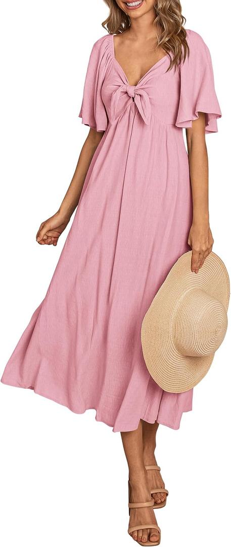 PRETTYGARDEN Summer Dress for Women 2026 Casual Short Sleeve Bow Tie V Neck Ruffle Midi Flowy Dresses (Pink, M)