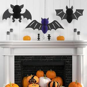 Halloween Bat Hanging Decorations - 3Pcs Honeycomb Bats for Indoor Spooky Party, Haunted House Decor, Halloween Window Decorations Black & Purple 