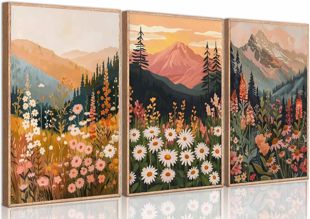 3 Pcs Boho Daisy Mountain Canvas Wall Art Abstract Flower Wildflower Sunset Paintings Pictures Wall Decor Colorful Floral Botanical Landscape Poster Print Artwork for Living Room Bedroom Unframed