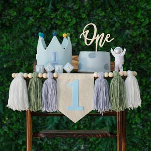 DCJHFJ Baby 1st Birthday Party Decorations for Handmade Tassel Garland Highchair Banner with One Cake Topper Blue Crown Hat