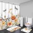 DDQQ 4Pcs Spring Dragonfly Shower Curtain Set Yellow Flower Bathroom Sets with Rugs, Green Leaf Bathroom Shower Curtain Set with Carpet Bath Mat Toilet Rugs