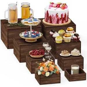 8 PCS Wooden Buffet Risers, Rustic Wood Cake Cupcake Stands, Square Food Risers for Buffet Table, Catering Dessert Table Display Set, Stackable Wooden Crates for Party, Decor, Wedding, Birthday