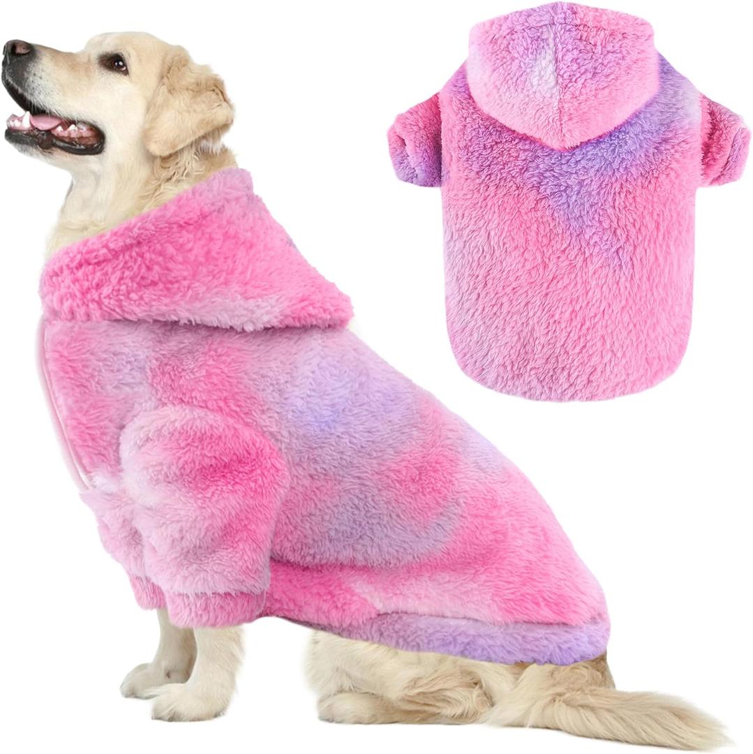 Fuzzy Dog Hoodie Sweater for Large Dogs Warm Winter Dog Clothes with Double-Sided Plush Fleece Soft Stretchy Pet Coats Hooded Sweatshirt for Medium Large Dogs (XXL (Back: 30.71",Chest:37", Neck: 27.56"), Rose+Pink+Purple)