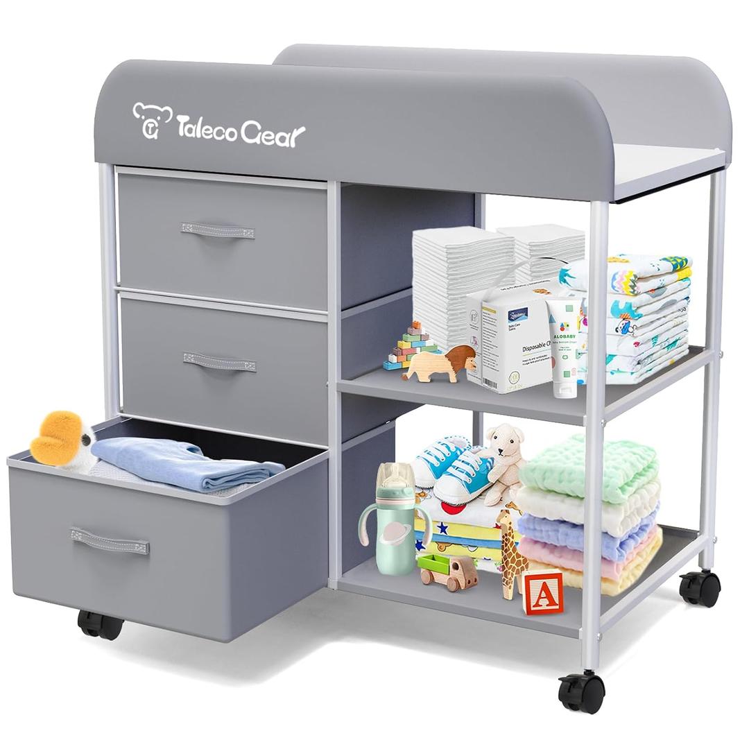 G TALECO GEAR Baby Changing Table, Portable Changing Table, Diaper Changing Station with Waterproof Pad, Changing Table Dresser with 3 Storage Baskets, Mobile Nursery Organizer for Newborn Essentials