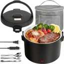 Electric Lunch Box 1.5L, 100W Portable Food Warmer Heated Lunch Box for Car/Truck/Home | 3-in-1 12V/24V/110V Leak-Proof 304 Stainless Steel with Insulated Bag & Cutlery, Black
