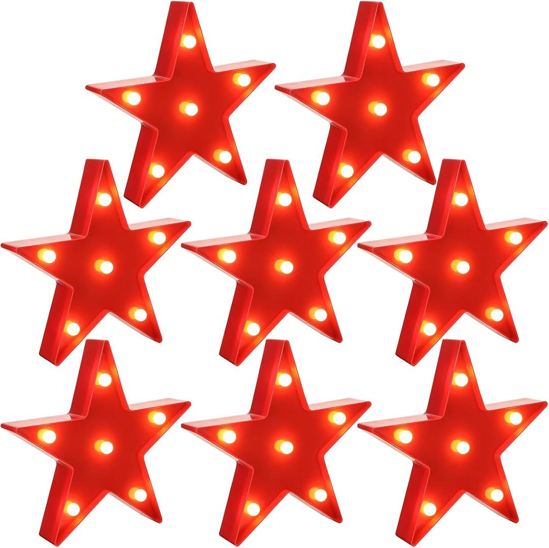 Jutom 8 Pieces Star Night Lights LED Plastic Star Shaped Sign Lighted Marquee Desk Lamp for Gift Red