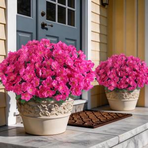 16 Bundles Artificial Flowers for Front Door, Fake Silk Azalea Bouquet Silk Flowers for Outside UV Resistant Realistic Faux Plants for Planter Farmhouse Patio Garden Walkways Home Decor (Rose Red)