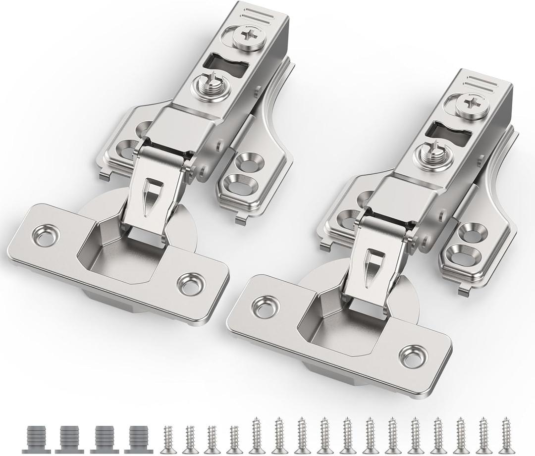 50 Pack 1/4" Partial Overlay Soft Close Concealed Hinge for Face Frame  Frameless Door, 3D Adjustment, Clip-on Plate, Slow Self Closing Hidden Satin Nickel, 105 Stainless Steel Hinges, 3/8"