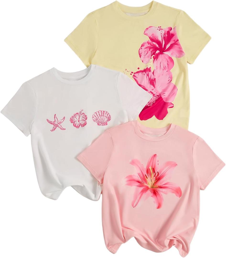 RoseSeek Girl's Shirts 3 Packs Star Butterfly Graphic Tees Crew Neck Short Sleeve T Shirt Casual Tops (White)