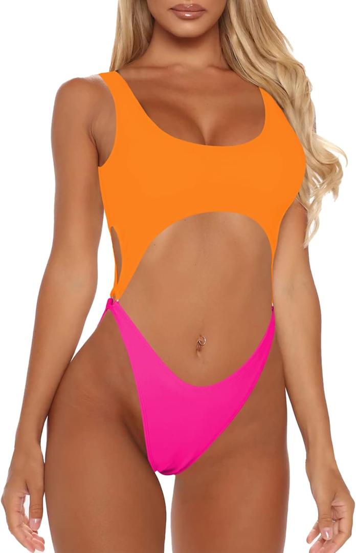 Sovoyontee Women's Sexy One Piece Swimsuits Cheeky Thong Bikini Bathing Suit (Medium, Orange & Pink) Sovoyontee Women's Sexy One Piece Swimsuits Cheeky Thong Bikini Bathing Suit (Medium, Orange & Pink)