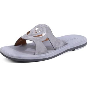 ONCAI Slides for Womens,Flat Dressy Square Toe Summer Beach Sandals for Woman with Comfortable Non-slip Rubber Soles Size 6 (All-grey)