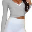 Women Ballet Wrap Top Long Sleeve Slim Fit Self Tie Workout Pilates Yoga Wrap Tops Y2k Dance Shirt (Medium, Grey)