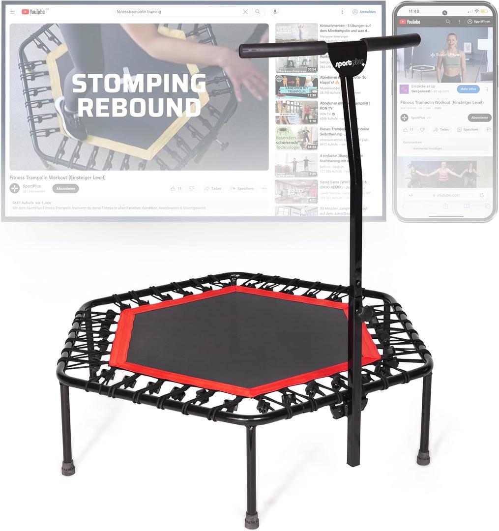 SportPlus+ Indoor Trampoline, Red, Rebounder Home Fitness Trampoline with Height Adjustable Bar