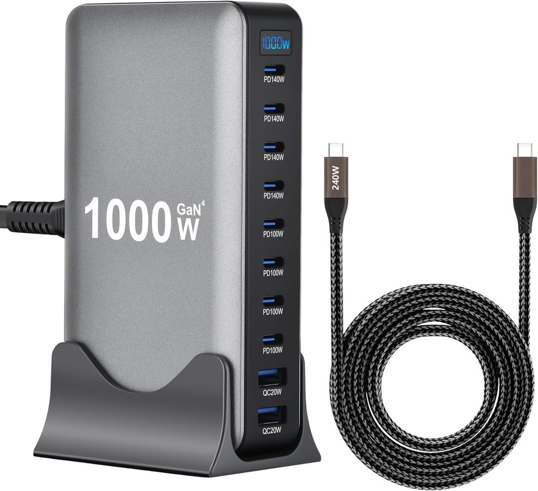1000W 10-Port GaN 4 Desktop Charging Station with 240W 6.6 ft Data Cable - Compatible with Tablets, Phones, Laptops, Gaming Consoles, Headphones