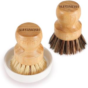 Bamboo Dish Brush with Ceramic Dish, Natural Bristle Palm Brush Pot Scrubber for Cast Iron Pans Vegetables and Kitchen Sink Cleaning - 2 Pack