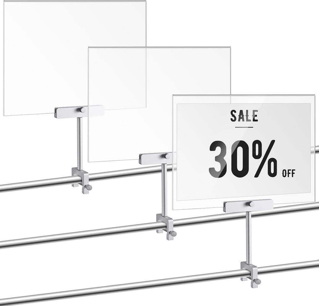 FoldTier 3 Set Aluminum Alloy Sign Holder Clamp with 8.5 x 11 Inch Acrylic Frame Rotatable Holding Clamp Sign Holder for Clothing Stores Price Tag Office (Silver)