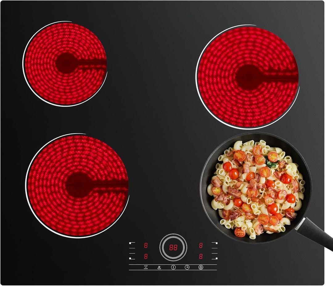 4 Burner Electric Cooktop, 24 Inch Built-in Electric Stove Top, 220-240v Radiant Cooktop with Child Lock, Touch Control, Residual Heat Indicator, Overheat Protection, Hard Wire (No Plug), 4 Burners - 24 Inch - 6000w
