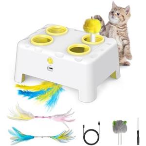 Cat Toys, Interactive Cat Toys, 2-in-1 Moving Concealed Feathers, 4 Holes Mice Whack A Mole Cat Kitten Toy Exercise Toys for Indoor Bored Adult Cats, USB Rechargeable Electronic Kitten Toys (White)
